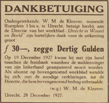 717148 Dankbetuiging van W.M. de Kleuver (Roerplein1bisa) te Utrecht voor een uitkering van f 30 uit de gratis ...